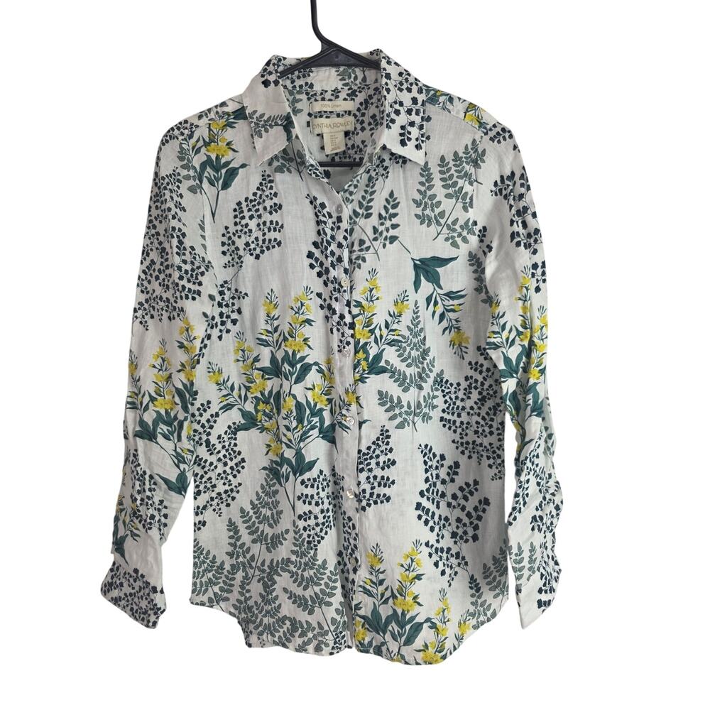 Cynthia Rowley 100% Linen Long‎ Sleeve Top S Womens Floral White Beachy Summer
